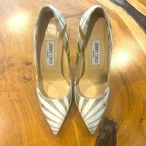 Jimmy Choo Women's White and Gold Striped Pointed-Toe Pumps